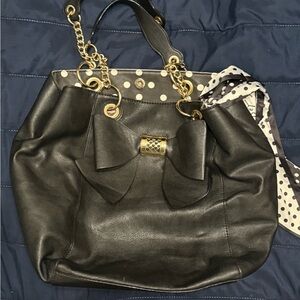 Betsey Johnson Black Tote with Gold Chain and Bow